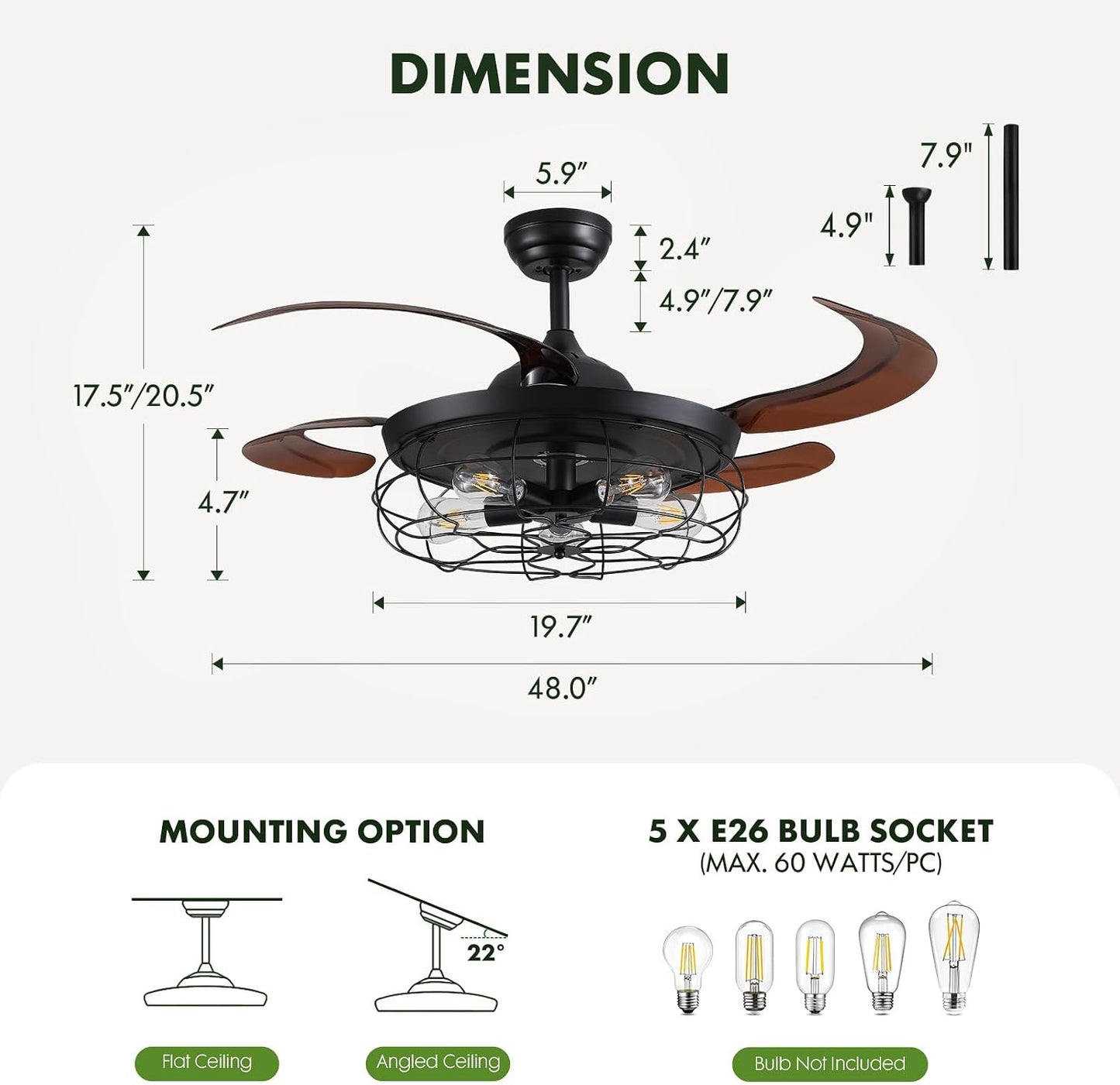 48" Rustic Ceiling Fan with Lights and Remote, Industrial Fandelier Ceiling Fan Black Retractable Invisible Ceiling Fan for Farmhouse Living Room Dining Room Bedroom Kitchen Garage