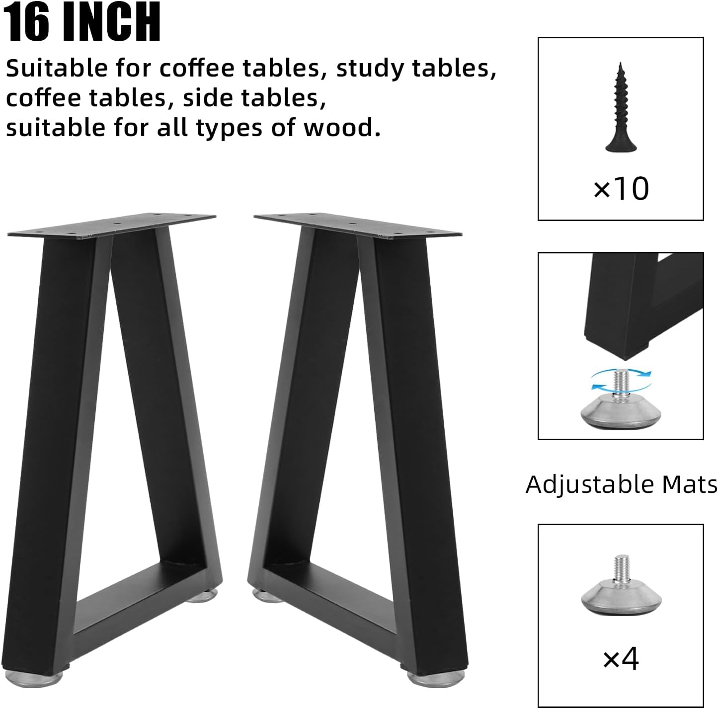 16 Inch Trapezoid Metal Table Legs for Bench, Coffee Table Legs, DIY Furniture Feets Set of 2, Including Screws and Adjustable Feet Pads, 16 Inch x 10.8 Inch