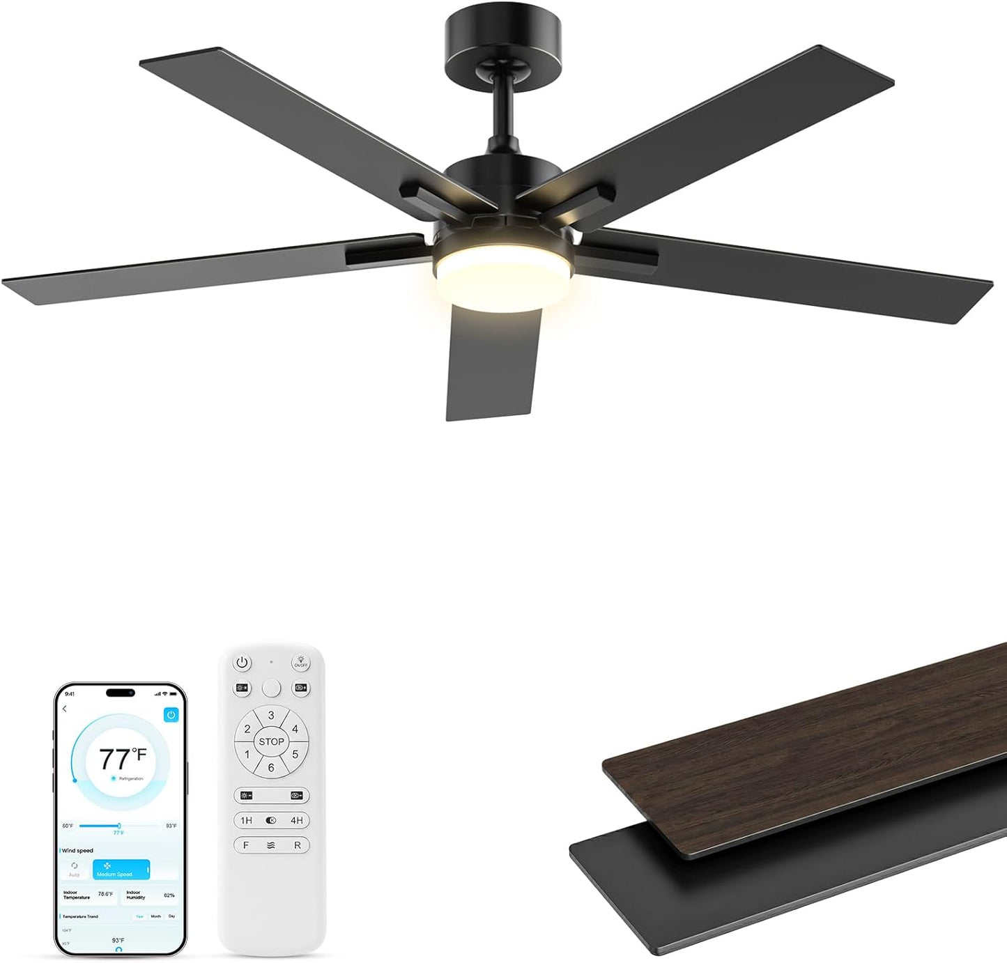 Obabala Ceiling Fan with Light 52 Inch, DC Motor Ceiling Fan with Remote and APP Control, Dimmable LED Color Changing, Reversible Quiet Fan for Bedroom Living Room Indoor Outdoor, Modern
