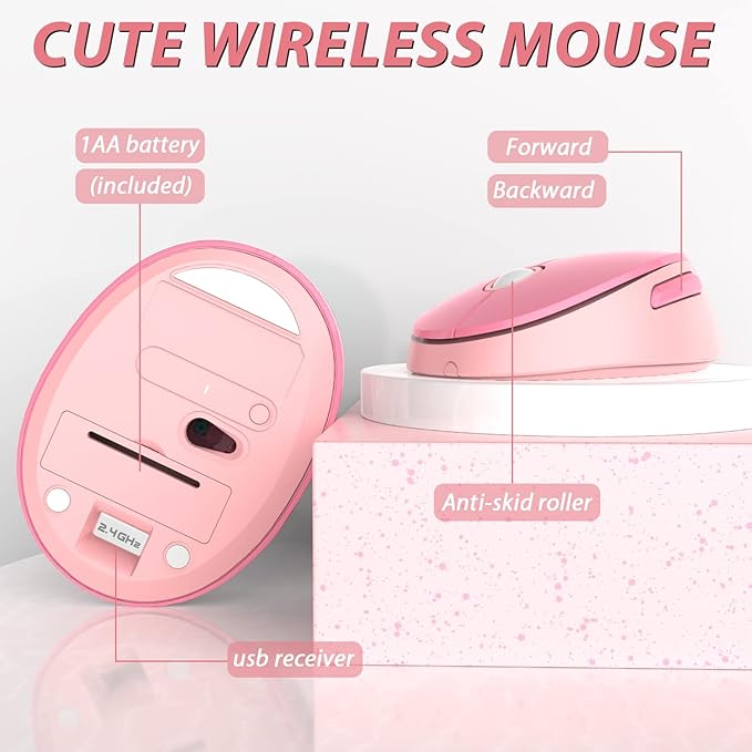 KOOTOP Cute Pink Wireless Keyboard and Mouse, 2.4G Retro Round Keycap - Image 2