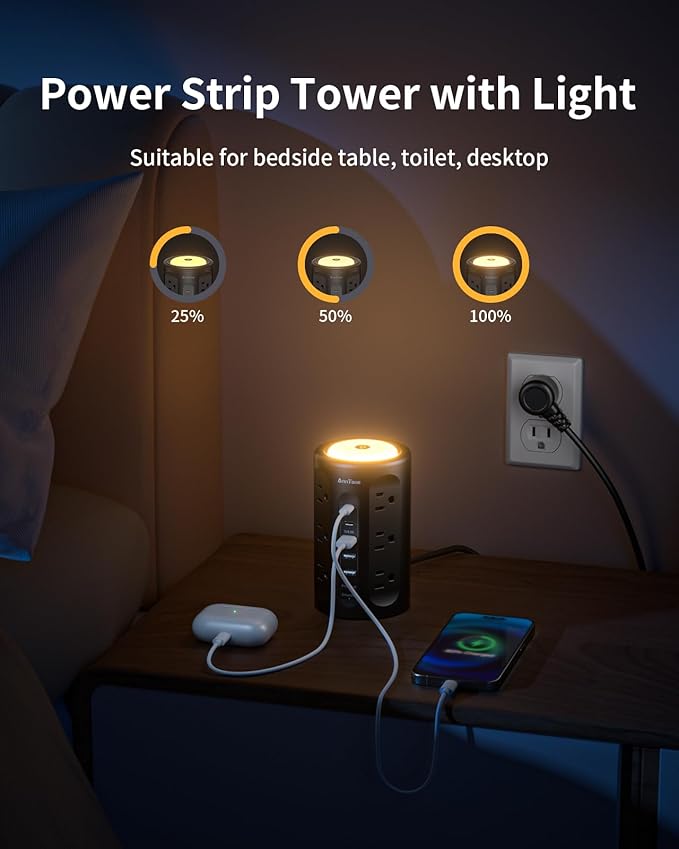 AnnTane Power Strip Tower with Night Light, Power Strip Surge Protector with - Image 5