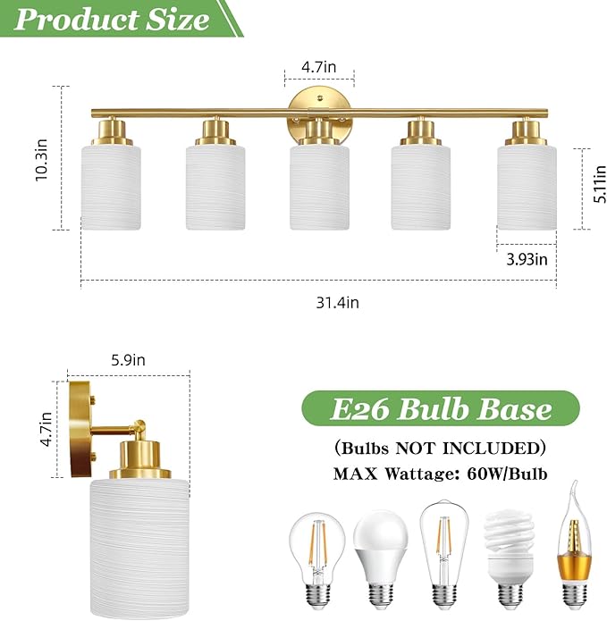 Guliaofo 5-Light Vanity Lights, Brushed Gold Bathroom Light Fixture - Image 2