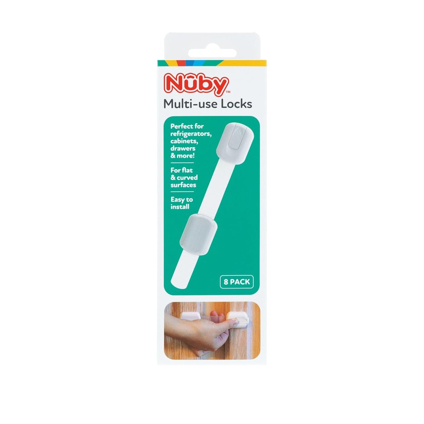 Nuby Multi-Use Child Safety Locks - 8 Pack | Baby Proof Latches for Cabinets, Drawers, Refrigerators, and Appliances - 3M Adhesive - For Flat and Curved Surfaces