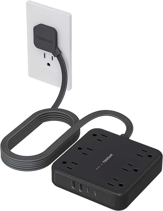 TESSAN Flat Plug Extension Cord 15 Ft, 2100J Surge Protector Power Strip by TESSAN