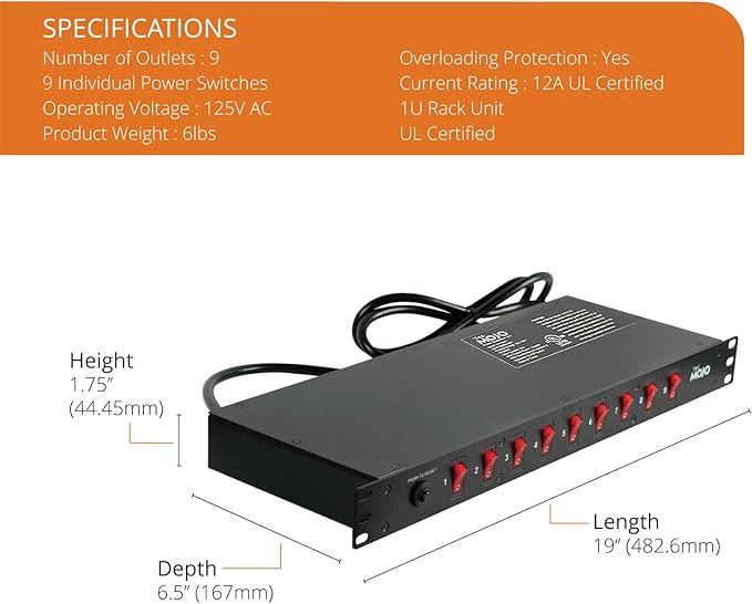 Tecmojo 9-Outlet Rack Mount Overloading Protection Circuit Breaker PDU Power - Image 2