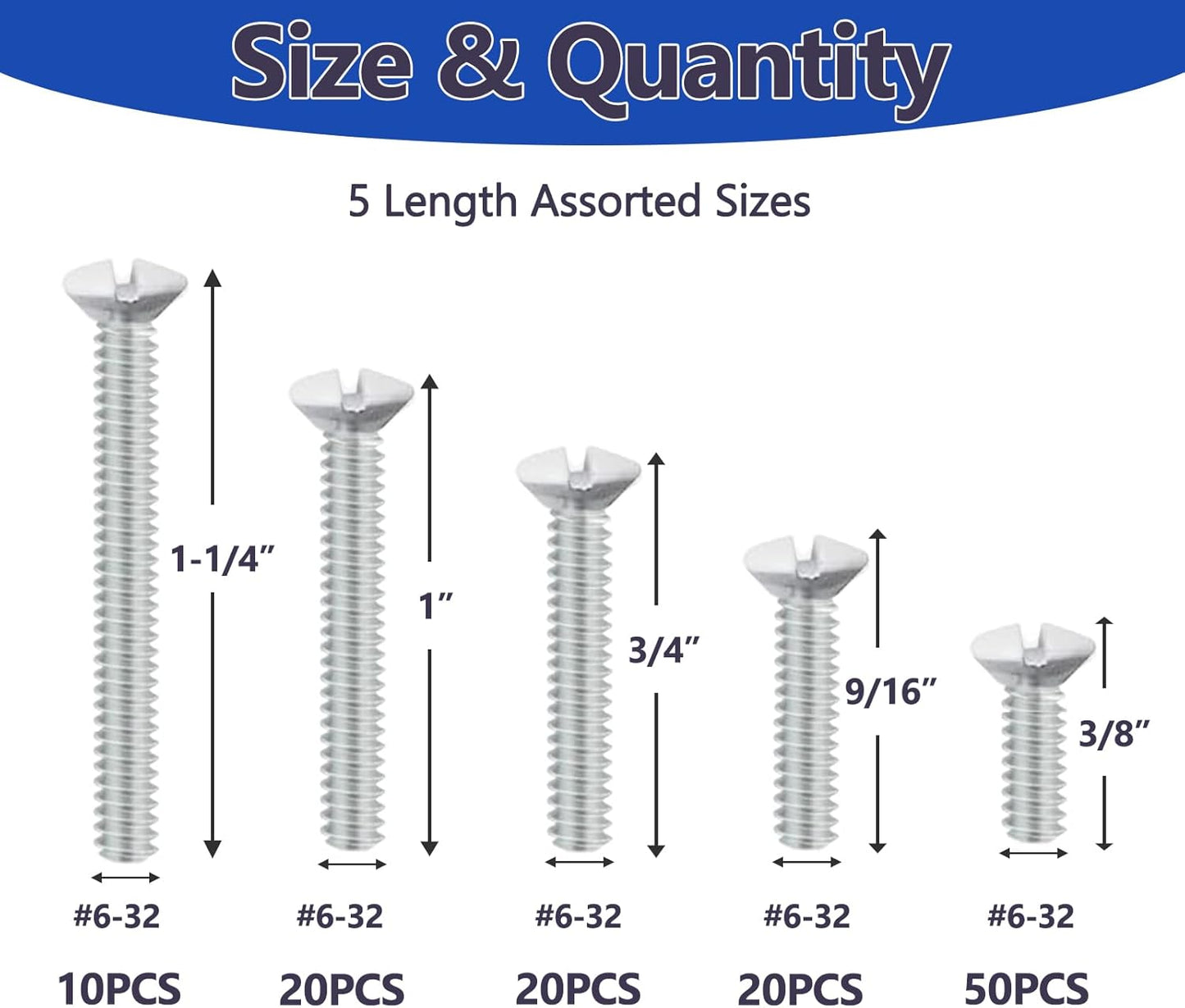 120 pcs Wall Plate Screws, White Outlet Screws 6-32 Thread Light Electrical Cover Panel Switch Plate Screws 5 Length Sizes (3/8", 9/16", 3/4", 1", 1.2")