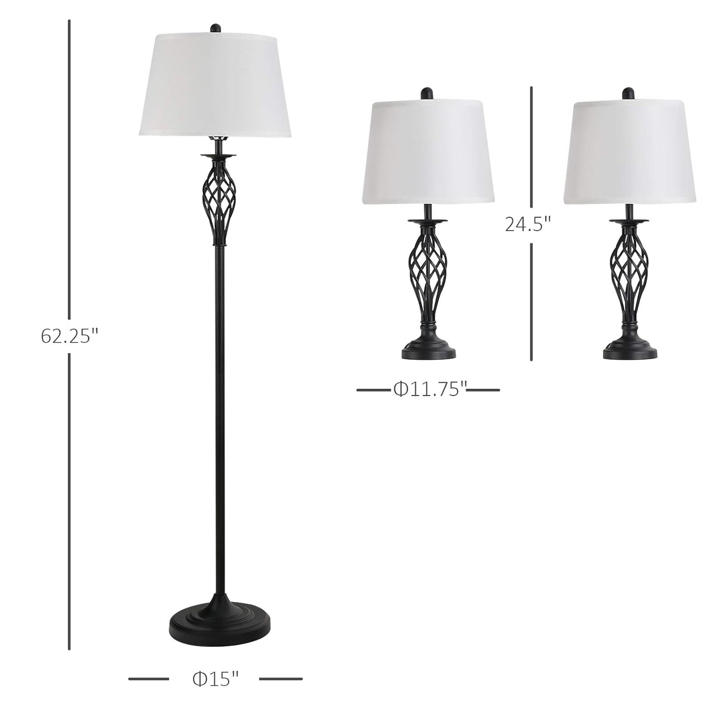 HOMCOM 3 Piece Table Floor Lamp Set with Metal Pole Round Base Black/White | Fabric Lampshade, for Living Room