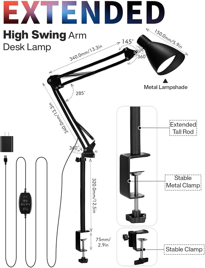 LED Desk Lamp for Home Office, Extra Tall Metal Swing Arm Architect Desk Lamp - Image 3