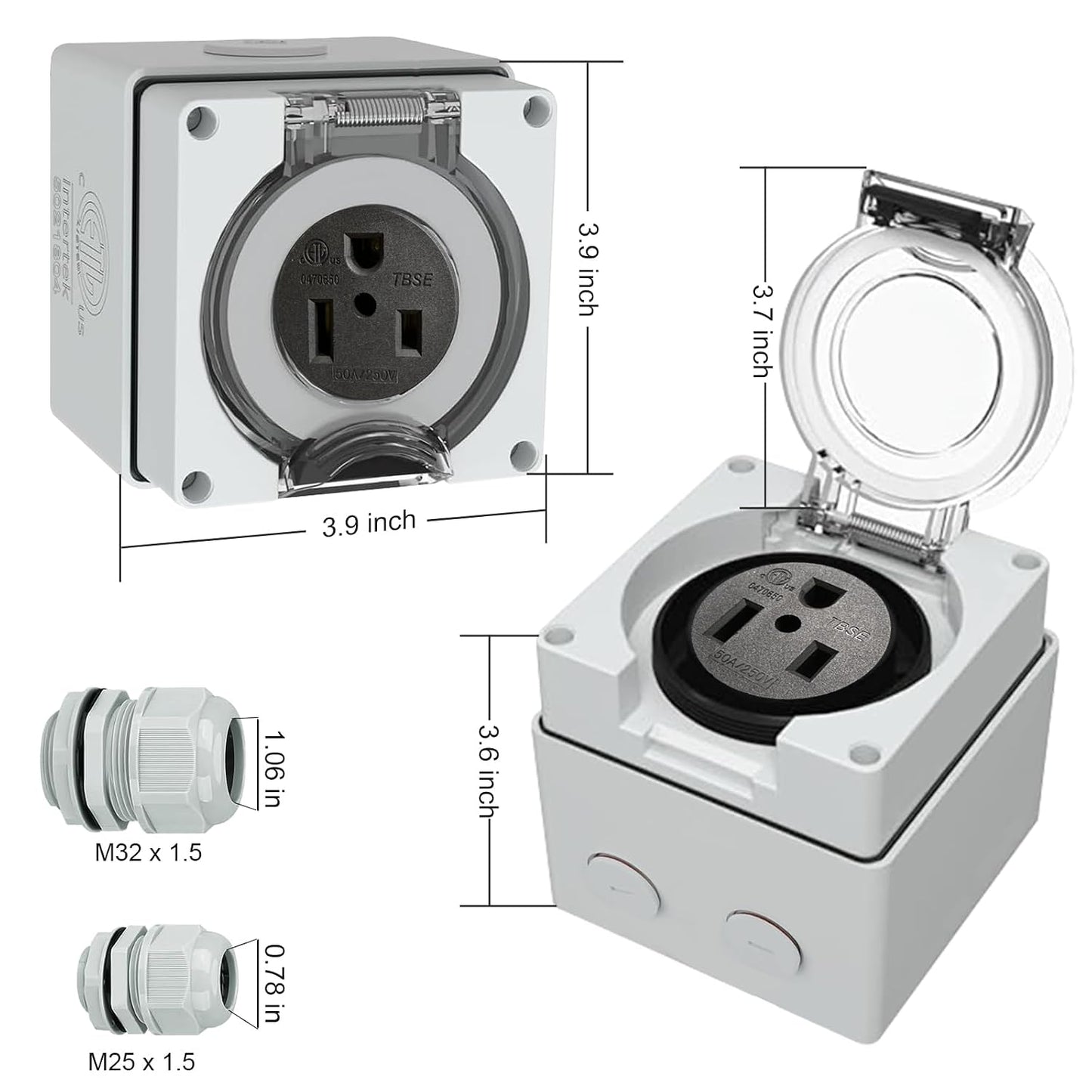 50 Amp Power Outlet Box, NEMA 6-50R 250 Volt EV Welder Receptacle | Heavy Duty, Outdoor Weatherproof, with Waterproof Cable Glands 3 Pcs, for Welding Machine, EV Charger, ETL Listed
