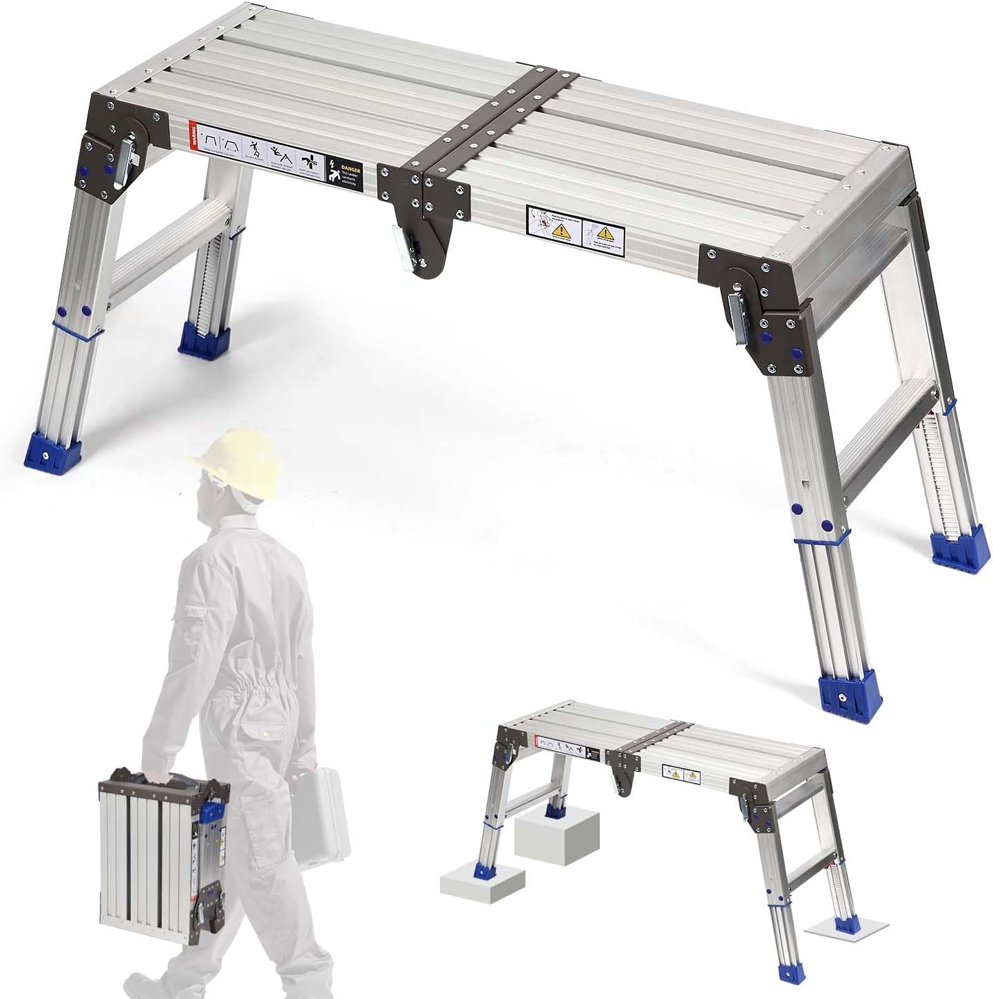 14-20” 26-Level Adjustable Aluminum Work Platform Bench Step Stool Ladder | 6/25” Increase, 800lbs Loading Capacity, Non-Slip Surface, Portable, Foldable, For Uneven Ground Car Washing Home Painting