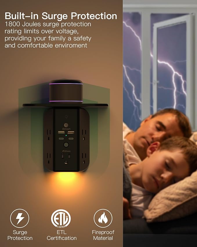 Wall Outlet Extender with Shelf and Night Light, Surge Protector, USB Wall - Image 4