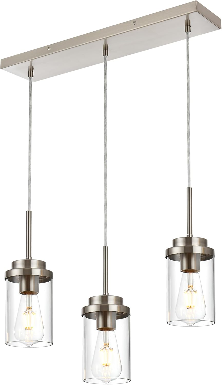 MELUCEE Kitchen Pendant Lighting Over Island 3 Light Brushed Nickel Finish | Linear Chandelier Dining Room Light Fixtures Ceiling Hanging Lamp with Clear Glass Shade, 20.5 Inches Length