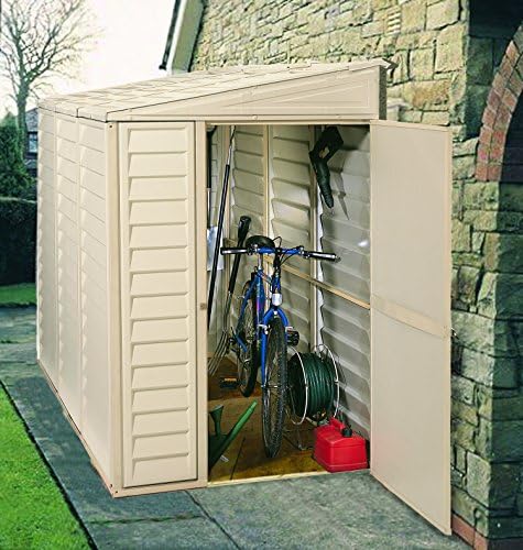 duramax sidemate 4x8 vinyl resin outdoor storage shed showing dimensions