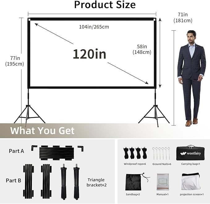 Projector Screen with Stand, Wootfairy 120 inch Portable and Foldable Indoor - Image 2