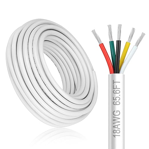 18 Gauge 5 Conductor Electrical Wire, 65.6FT White Stranded Low Voltage 18/5 by DEKIEVALE