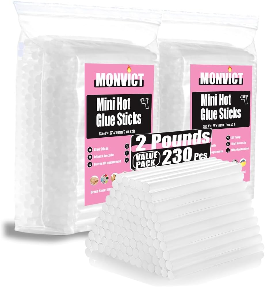 MONVICT Clear Mini Hot Glue Sticks - 2 LBS, 230 Pcs | 0.27 in. Diameter, 4 in. Length | Fits Most Mini Glue Guns | High Adhesion | for Crafts, DIY, Repairs