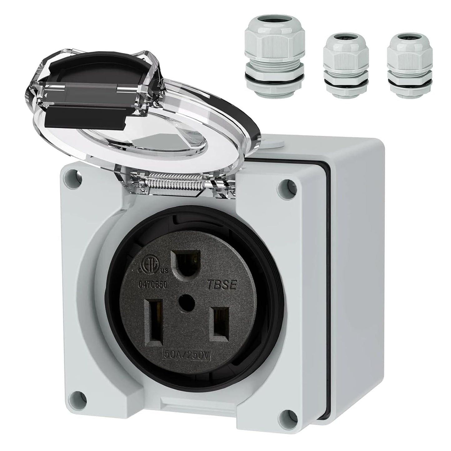 50 Amp Power Outlet Box, NEMA 6-50R 250 Volt EV Welder Receptacle | Heavy Duty, Outdoor Weatherproof, with Waterproof Cable Glands 3 Pcs, for Welding Machine, EV Charger, ETL Listed