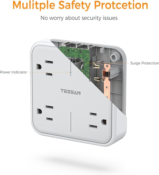 Multi Plug Outlet Extender, TESSAN 4 Outlet Splitter 3 USB Wall Charging Ports - Image 4