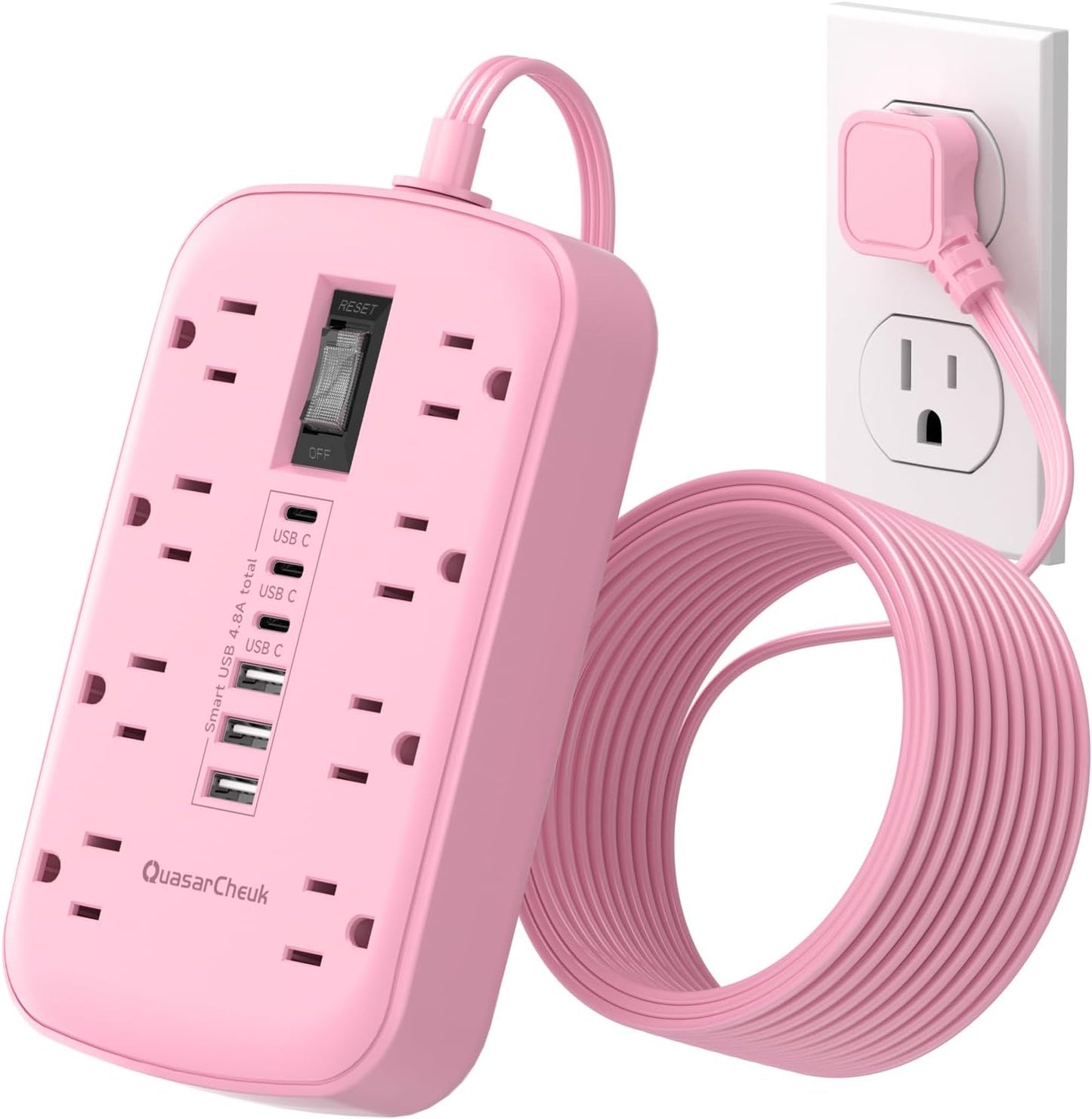 Pink Extension Cord with Surge Protector - 5 FT Kawaii Power Strip | 1625W, Cute Extension Cord with 6 USB(3 USB-C) 8 Outlets, Pink Desk Accessories for Women Girl, Kawaii Room Decor Office Dorm