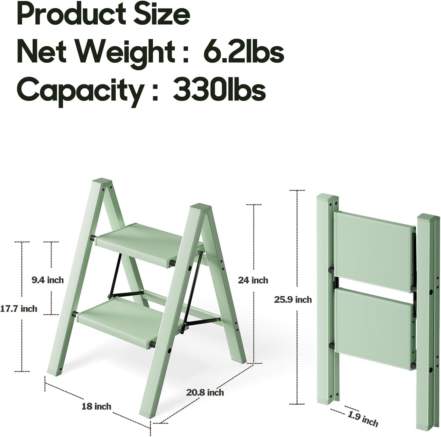 HillhutApex Aluminum Step Stool Foldable,2 Step Ladder (Pale Green) | Lightweight Portable step ladder with Anti-Slip Wide Pedal,330lbs Capacity Ladder for Household,Office,Kitchen