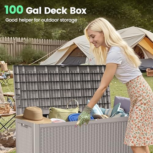 100 gallon storage box, waterproof resin deck box on a desk or shelf