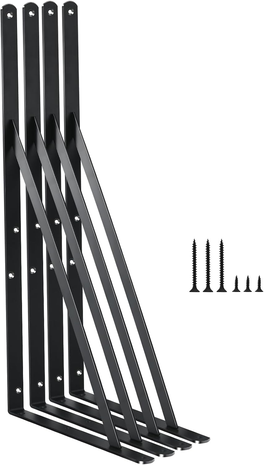 12 Pack L24 x H 12" Black Heavy Duty Shelf Brackets with Screws Metal Shelf Brackets Shelf Support Angle Brackets for Shelves L Brackets Heavy Duty Floating Shelf