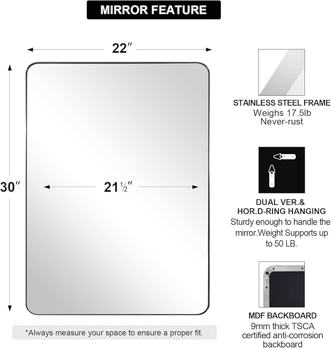 ANDY STAR Chrome Mirror for Bathroom, Rectangular Stainless Steel Rounded - Image 3