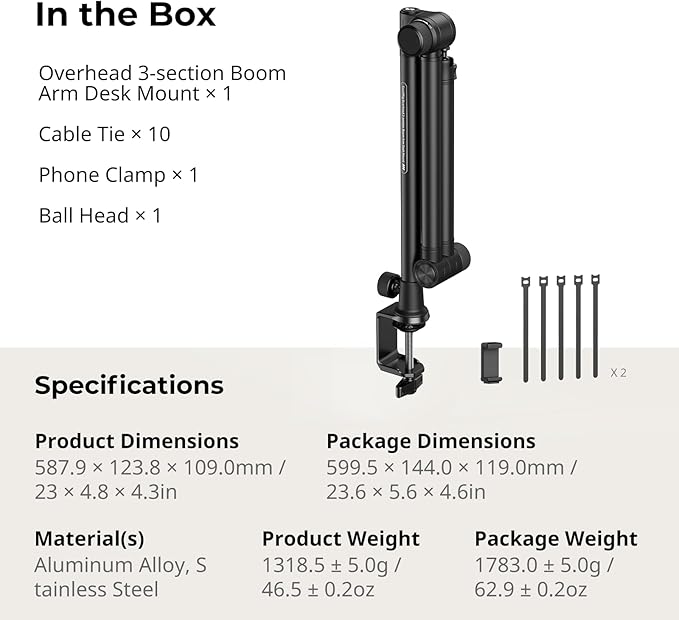 SMALLRIG Overhead 3-Section Desktop Camera Bracket, Damping Boom Arm Desk Mount - Image 8
