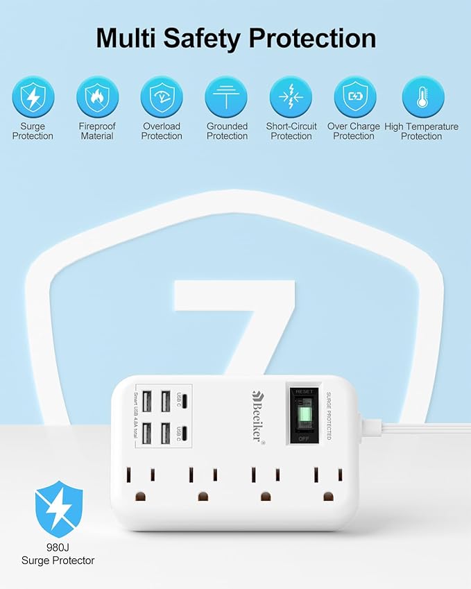 Beeiker 6 USB Surge Protector Power Strip- 10 Ft Extension Cord - Image 5