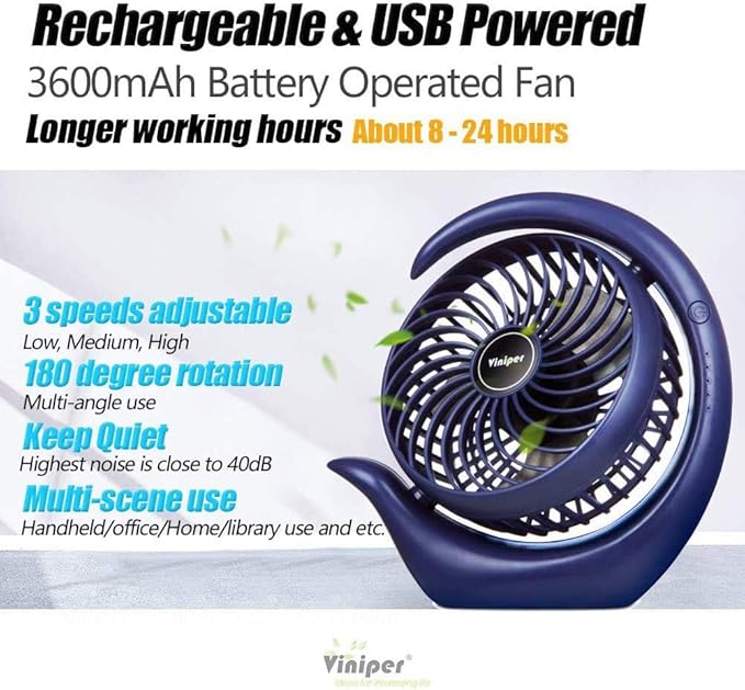 Viniper Portable Rechargeable Fan, Small Desk Fan : 3 Speeds & about 8-24 Hours - Image 2