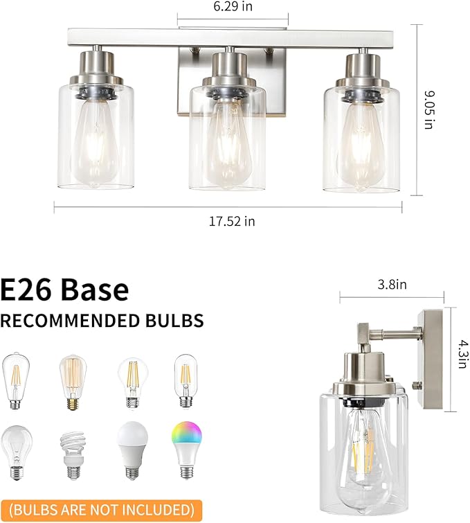 DIKAIDA 3-Light Bathroom Light Fixtures, Nickel Bathroom Vanity Light - Image 3