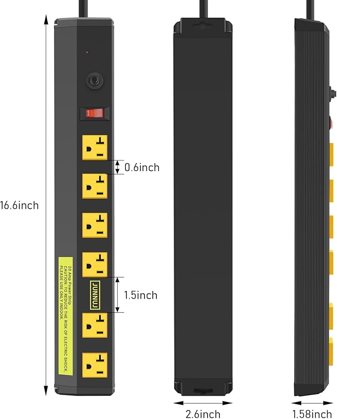 JUNNUJ Heavy Duty Metal Power Strip 20 Amp, High Amp Surge Protector 6 Outlet - Image 5