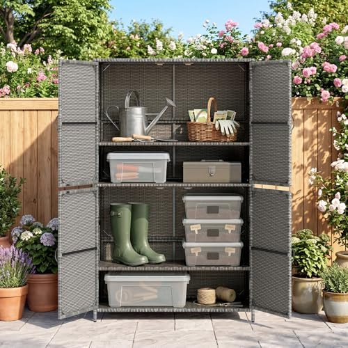 tangkula rattan outdoor storage cabinet, patiojoy outdoor cabinet shown in use