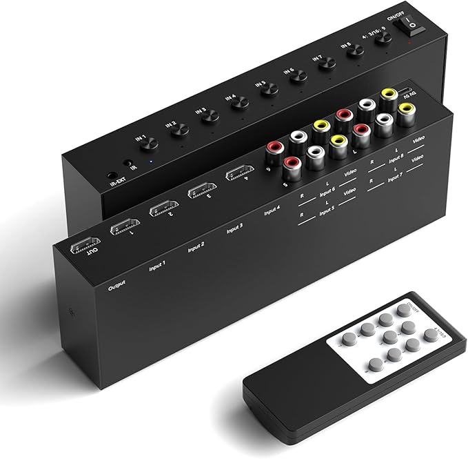 8 in to 1 Out RCA/HDMI Switcher，4 Way HDMI 2.0 + 4 RCA to HDMI by Arector