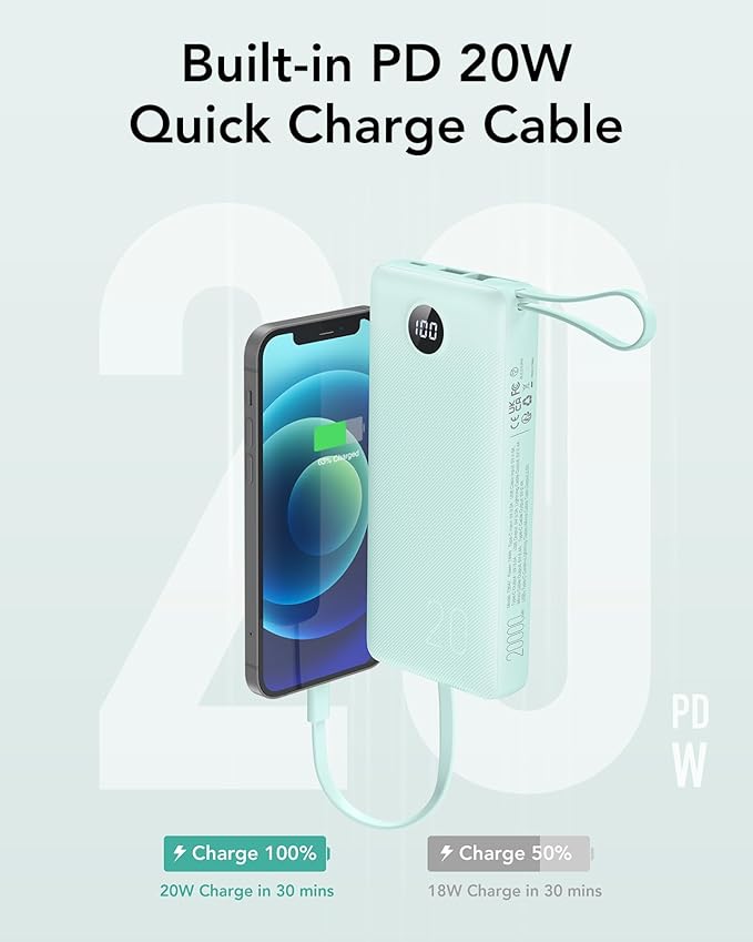 VRURC Portable Charger 20000mAh, Built-in Cables Fast Charging Power Bank - Image 4