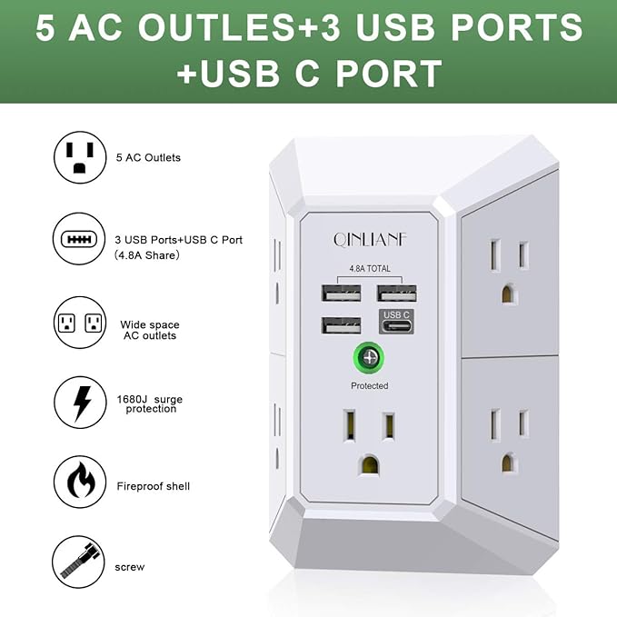 Wall Charger, Surge Protector, QINLIANF 5 Outlet Extender - Image 2