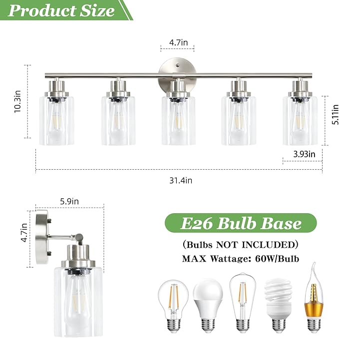 Guliaofo 5-Light Bathroom Vanity Lights, E26 Modern Brushed Nickel Bathroom - Image 2