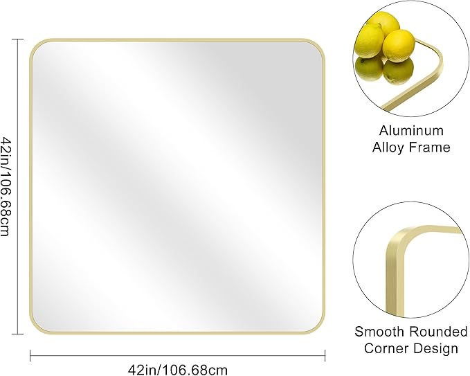 Gold Bathroom Mirror, 42x42 Inch Metal Framed Square Mirror, Rounded Corner - Image 8