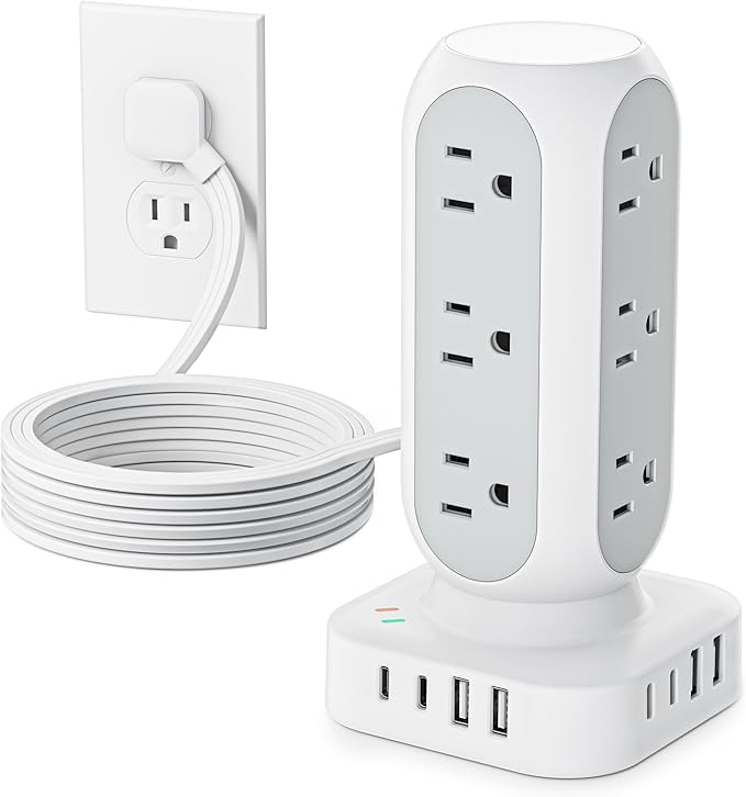 Tower Surge Protector Power Strip, Flat Plug Outlet Extender by TenTrend