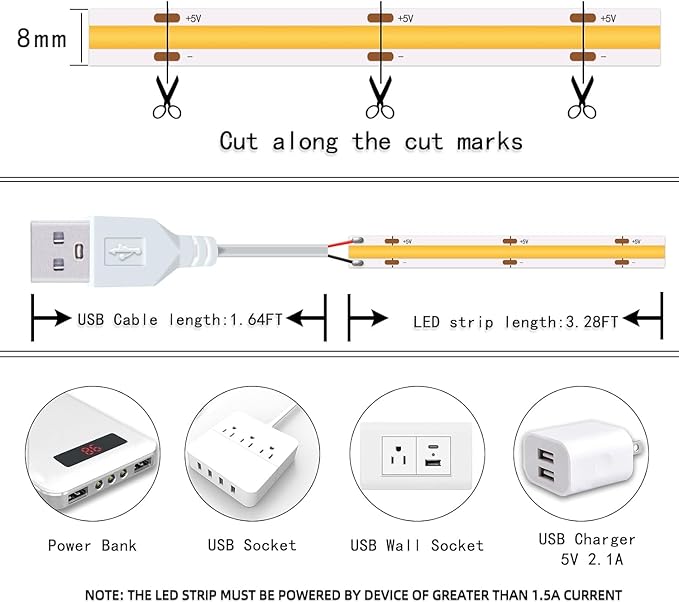 UVTaoYuan Led Strip Lights 5V USB 320 LEDs 2Pack Short COB LED Strip Light - Image 7