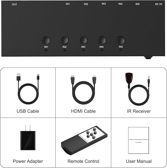 5 Way HDMI Switch 4k@60Hz HDMI Switcher 5 in 1 Out HDCP 2.0 Manual HDMI 2.0 Hub - Image 9