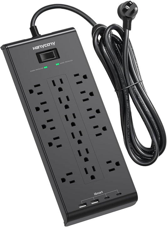 Surge Protector Power Strip, HANYCONY 5 Ft Flat Plug Heavy Duty Extension Cord by HANYCONY