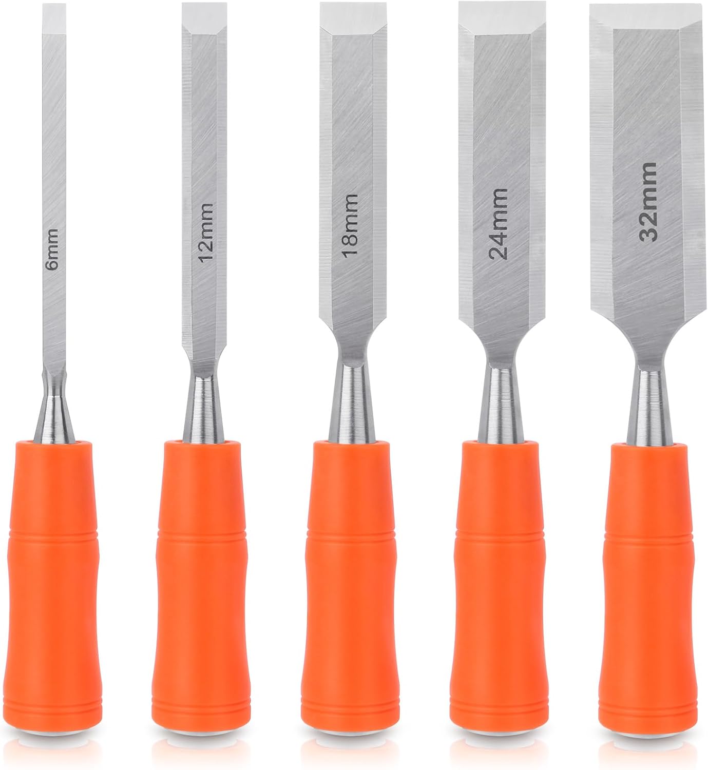 5 Piece Wood Chisel Sets Woodworking Tools Set, Wood Chisels for Woodworking with Steel Hammer End, Wood Tools Chisel Set Woodworking with Ergonomic Plastic Handle, 6mm, 12mm, 18mm, 24mm, 32mm