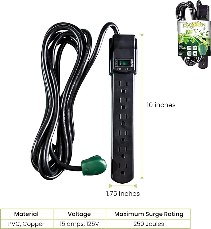 GoGreen Power Inc. 6 Outlet Surge Protector, 12FT Cord, 2 Pack - Image 2