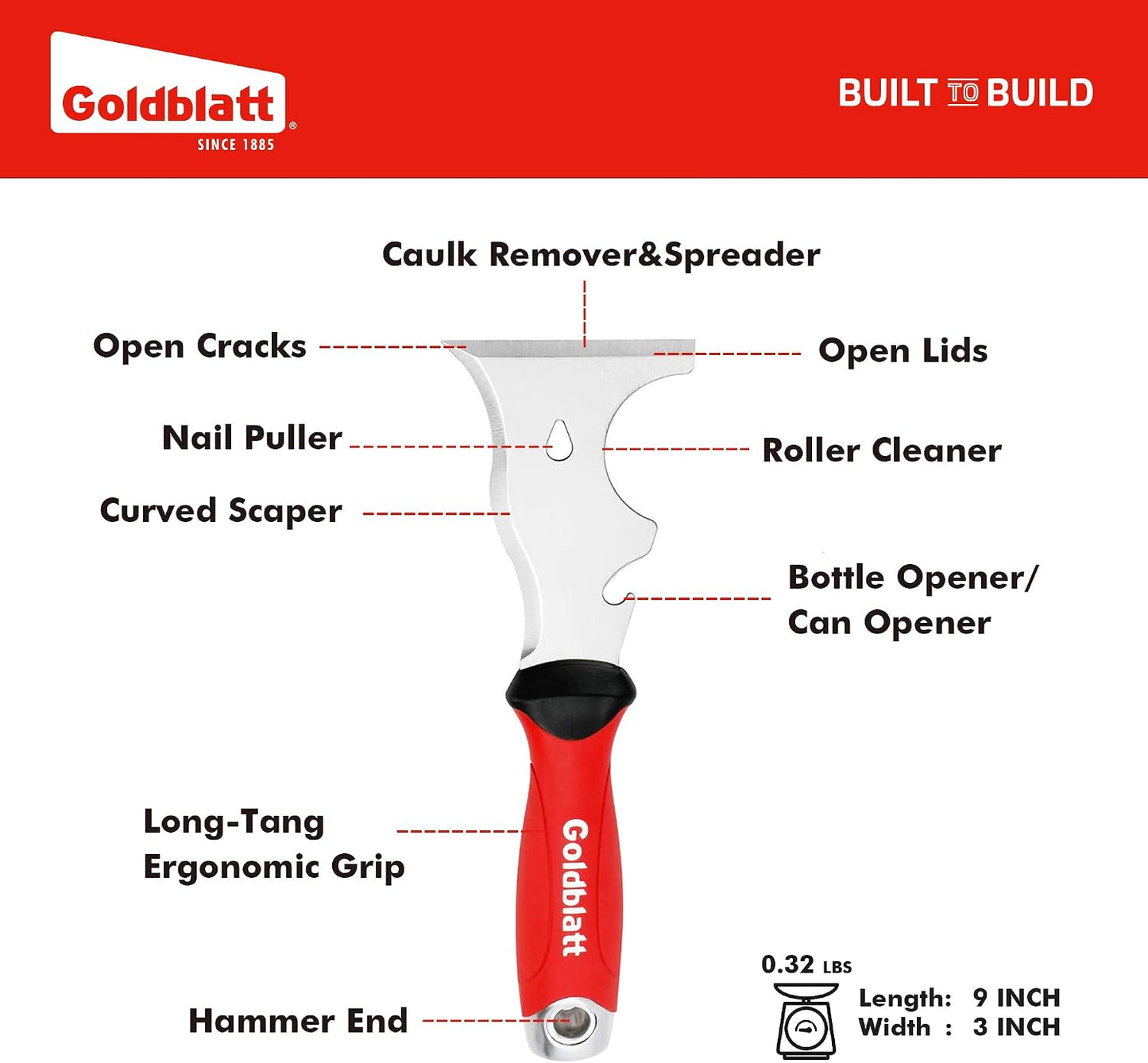 Goldblatt 9-in-1 Paint Scraper Tool, Stainless Steel Putty Knife Scraper | Paint Removal and Surface Cleaning, Paint Roller Cleaner, Wood Filler Spatula, Opener & Hammer End, for Drywall, Wood