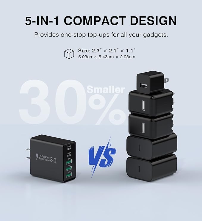 USB C Wall Charger, 60W USB C Charger Block 5-Port PD Fast Charging Blocks - Image 6