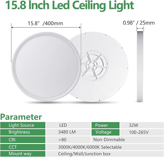 2PK 15.8 Inch LED Flush Mount Ceiling Light, 3000K/4000K/6000K CCT Selectable - Image 5