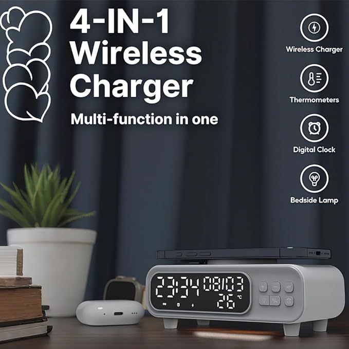 IHAO 5in1 Alarm Clock with Wireless Charging Night Light 15W Fast Charger - Image 7
