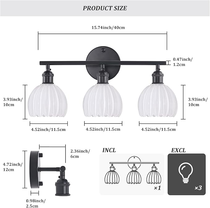Shenmoyl Bathroom Light Fixtures, 3-Light Black Vanity Wall Light Over Mirror - Image 5