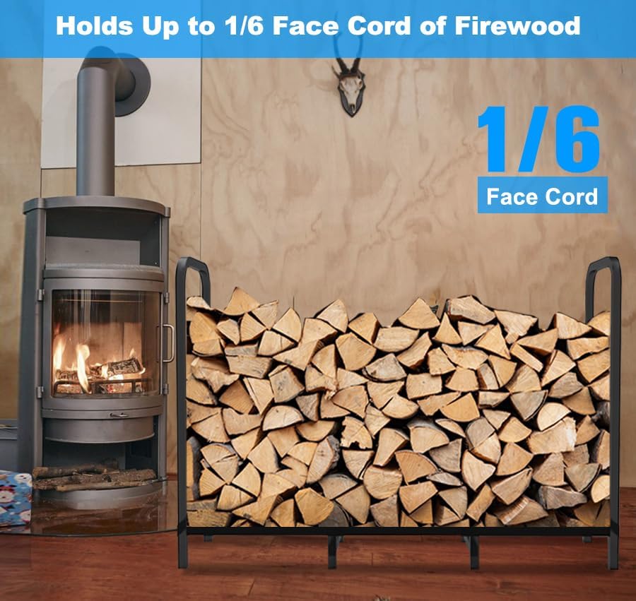 4ft firewood rack holder, adjustable heavy duty fire shown in use
